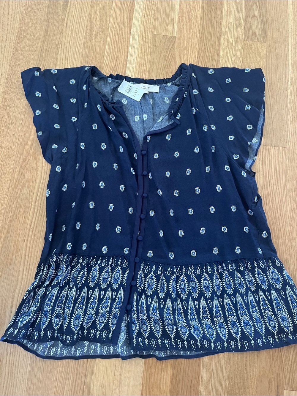 LOFT Navy Blue Printed Button-Front Flutter Sleeve Blouse